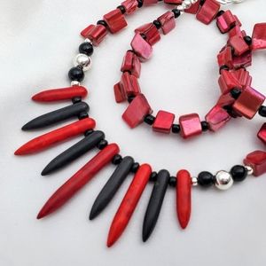 Gothic red & black spike necklace, mother-of-pearl